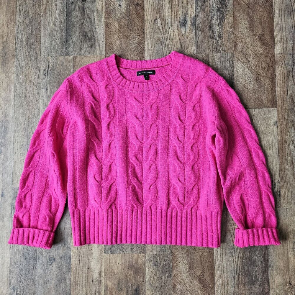 Banana Republic Wool luxe find cable knit sweater, bright pink, Small, academia